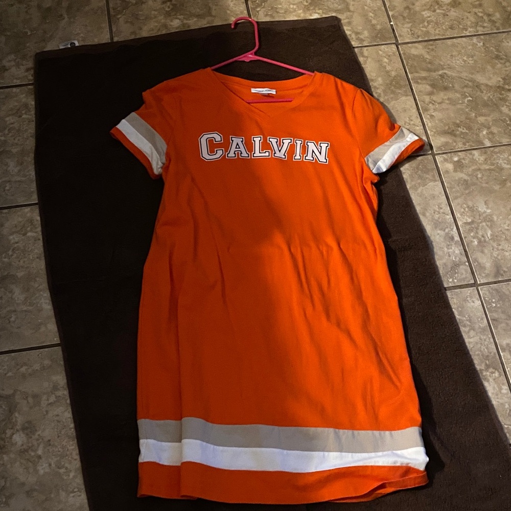Calvin Klein Orange and White Striped Midi Dress